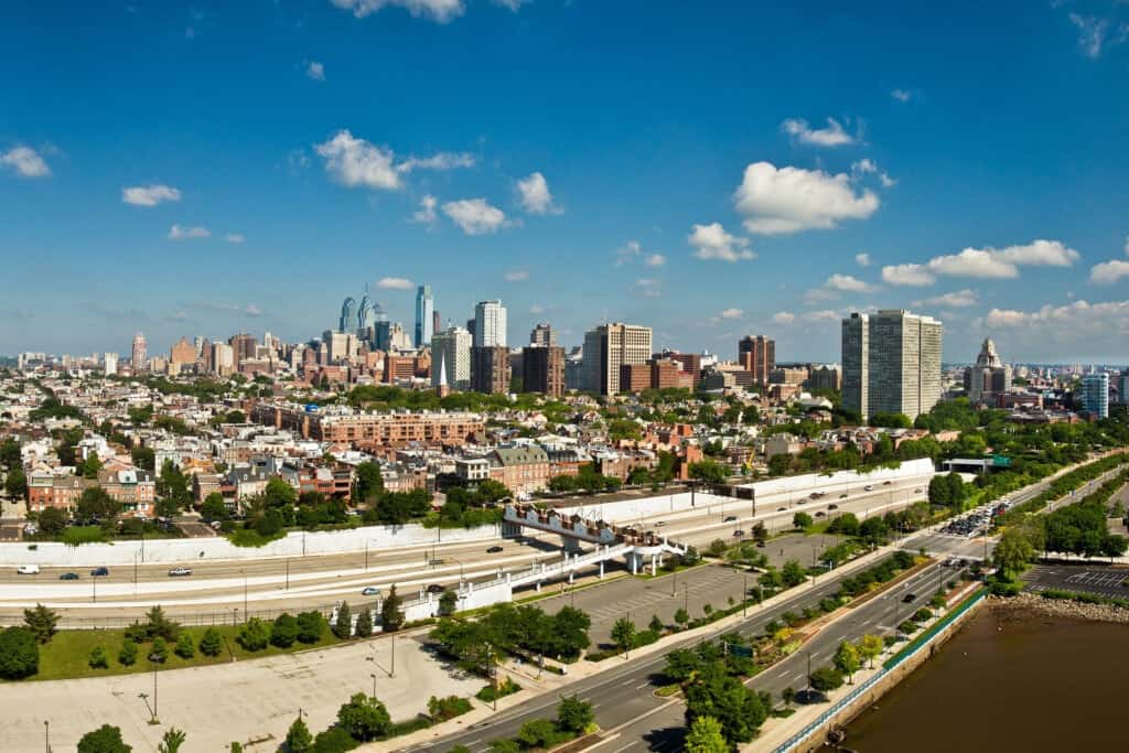 Views of the skyline of Philadelphia, PA taken from the Delaware River