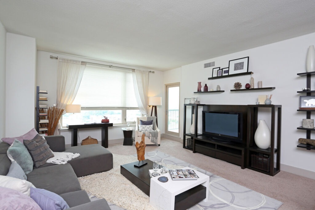 Dockside Condo Living Room Interior. Modern design with white walls and black & gray finishes.