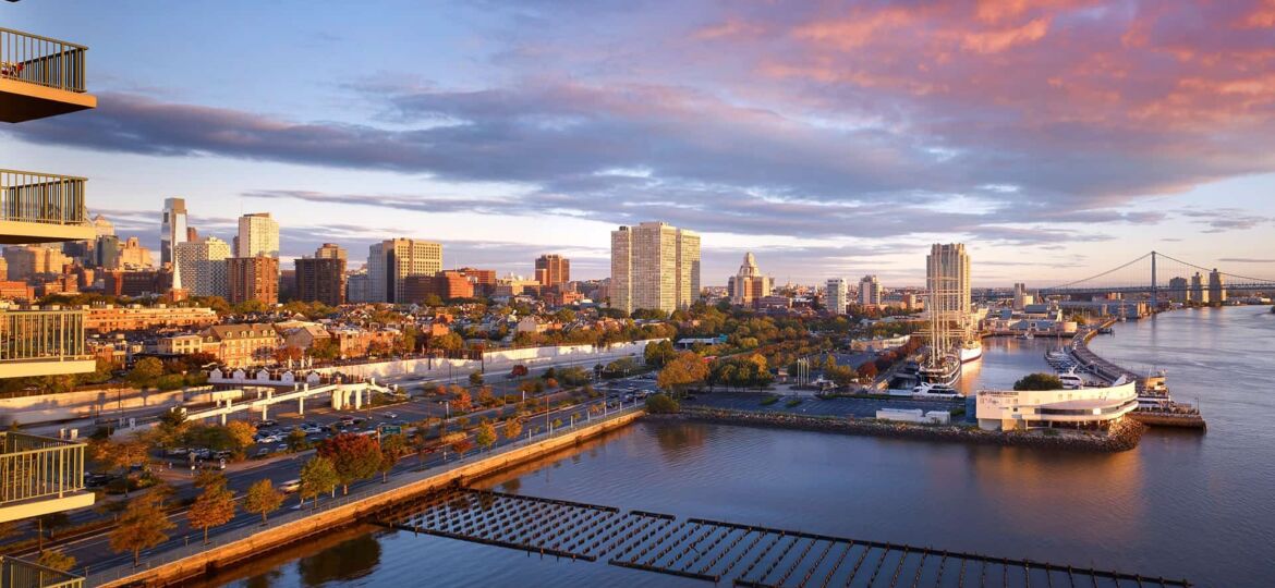 The Delaware River Waterfront as seen from a balcony at The Residences at Dockside