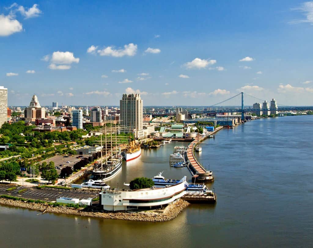 Aerial View of Philadelphia's Waterfront from Dockside Condos