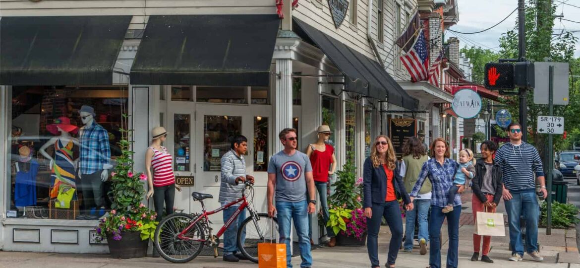 People exploring downtown New Hope, PA