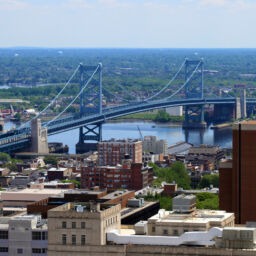 The Ben Franklin Bridge crossing over the Delaware River between Philadelphia, Pennsylvania and Camden, New Jersey.