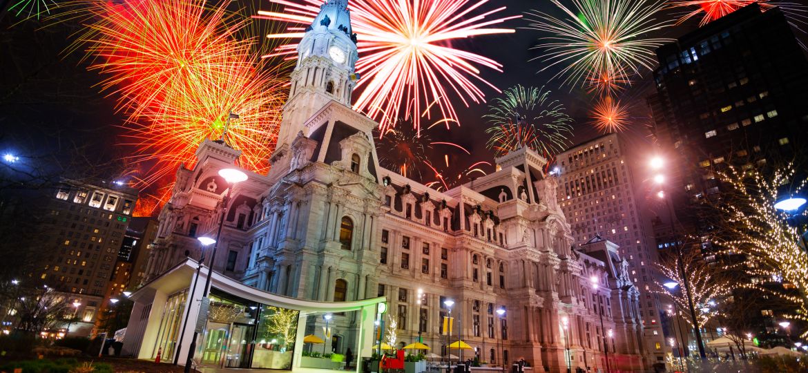 City hall in Philadelphia, PA, USA and fireworks