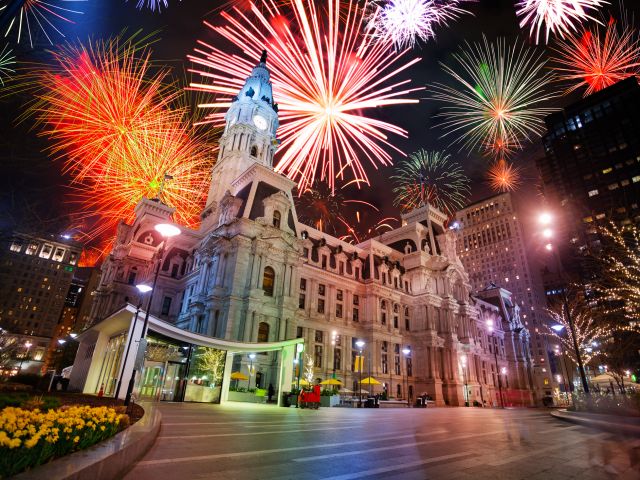 City hall in Philadelphia, PA, USA and fireworks